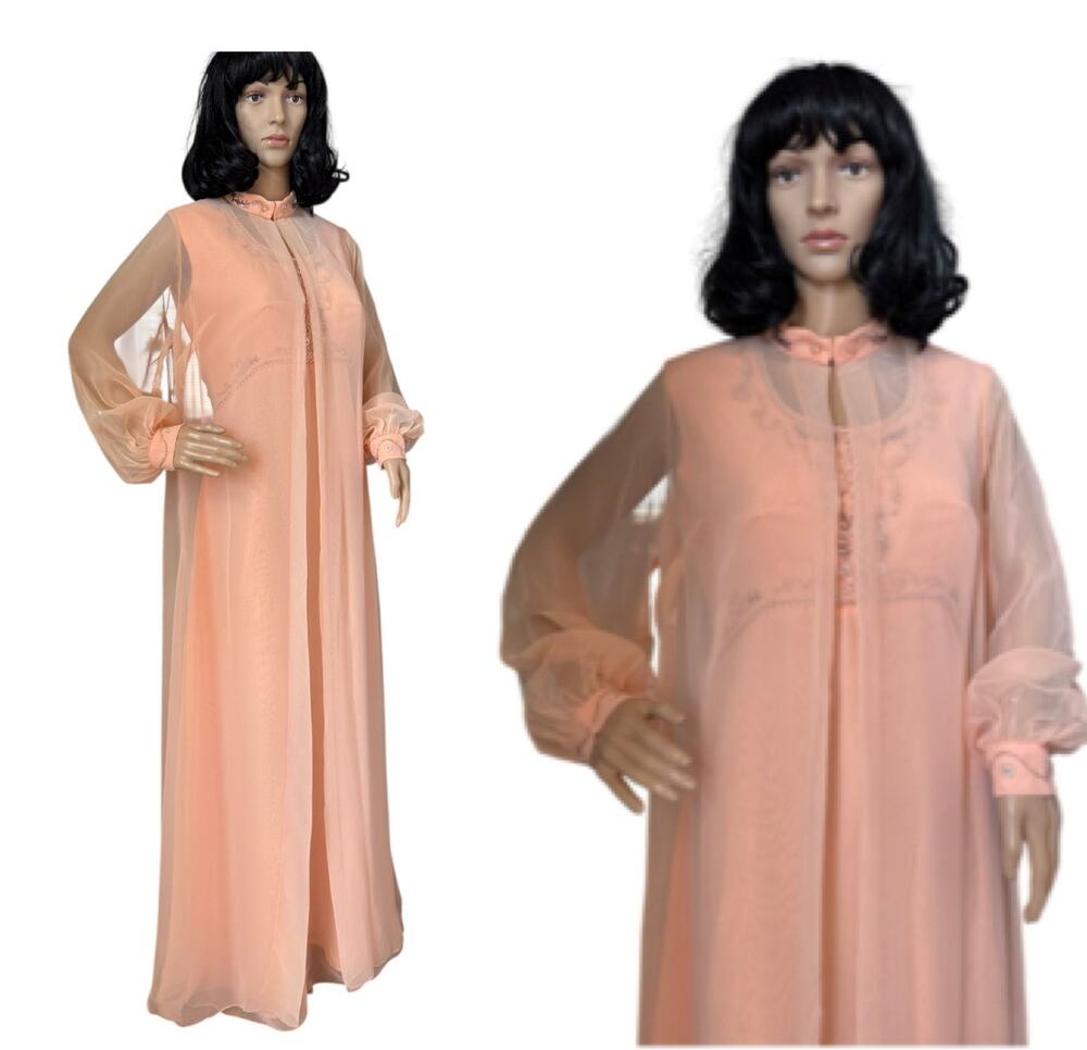 Vintage 1960s Elgin Peach Chiffon Dress & Sheer Overlay Set medium